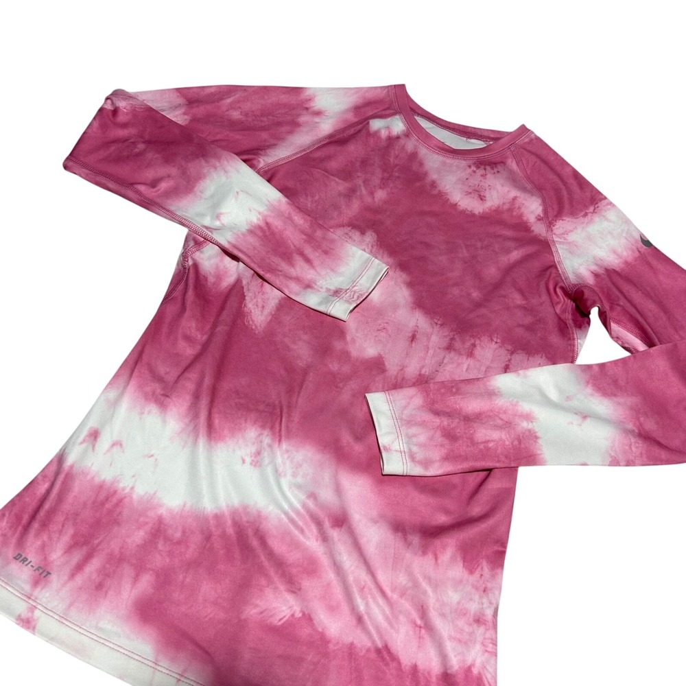 Nike Pro Combat compression Shirt Womens M Pink Tie Dye Dri-FIT Long Sleeve Warm